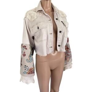 Bohemian Upcycled Cropped Boxy Denim Jacket S/M Floral Tapestry Crochet Shabby